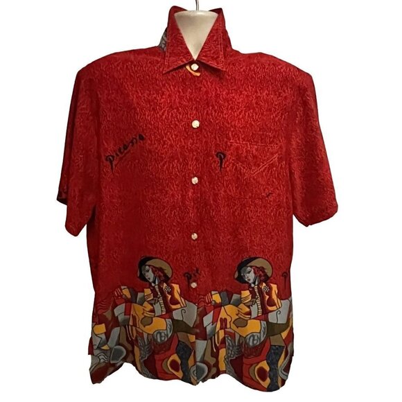 Pablo Picasso Vintage 80s Pop Art Print Red Button Front Camp Shirt XL Pocket - Picture 1 of 9